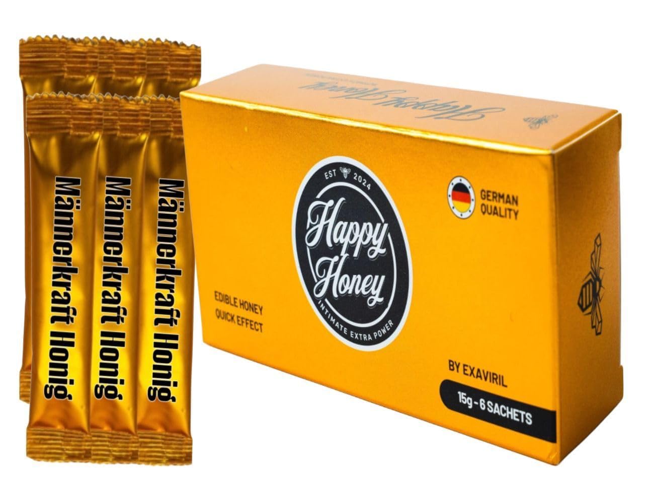 Happy Honey Kräuterhonig für Männer | Honigzubereitung mit Ginseng, Ingwer, Gelée Royale & Vitamin B1 + B2 | 6 Portionsbeutel à 15 g | Premium Honig mit Pflanzenextrakten