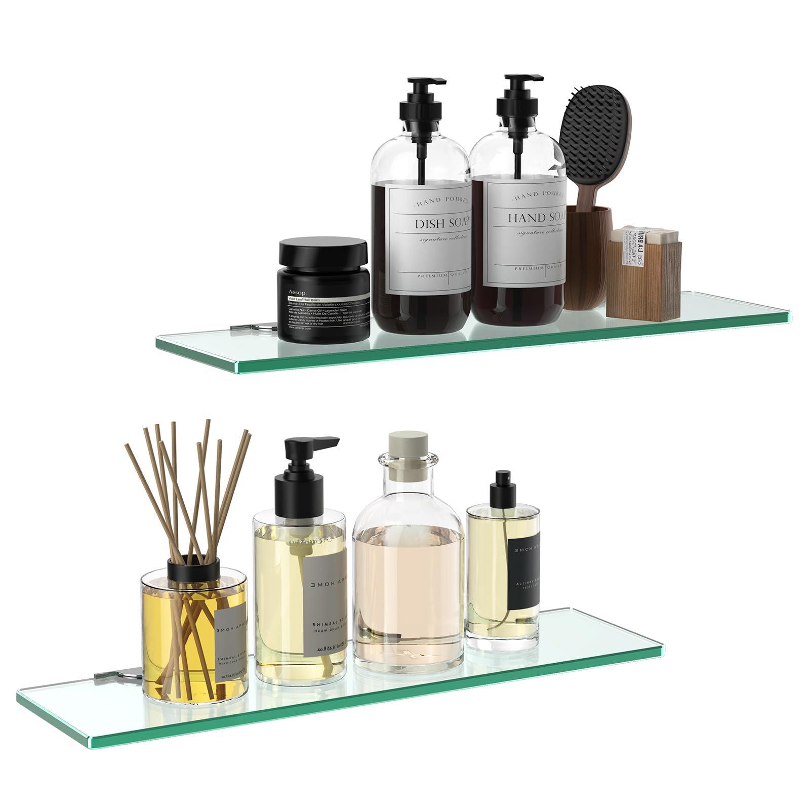 SHUAIAIW No-Drill Bathroom Shelf, Glass Floating Shelves, Shampoo Shelf, 2 Tiers Wall Mounted Wall Shelves for LivingRoom/Bedroom/Kitchen/Office(Clear)