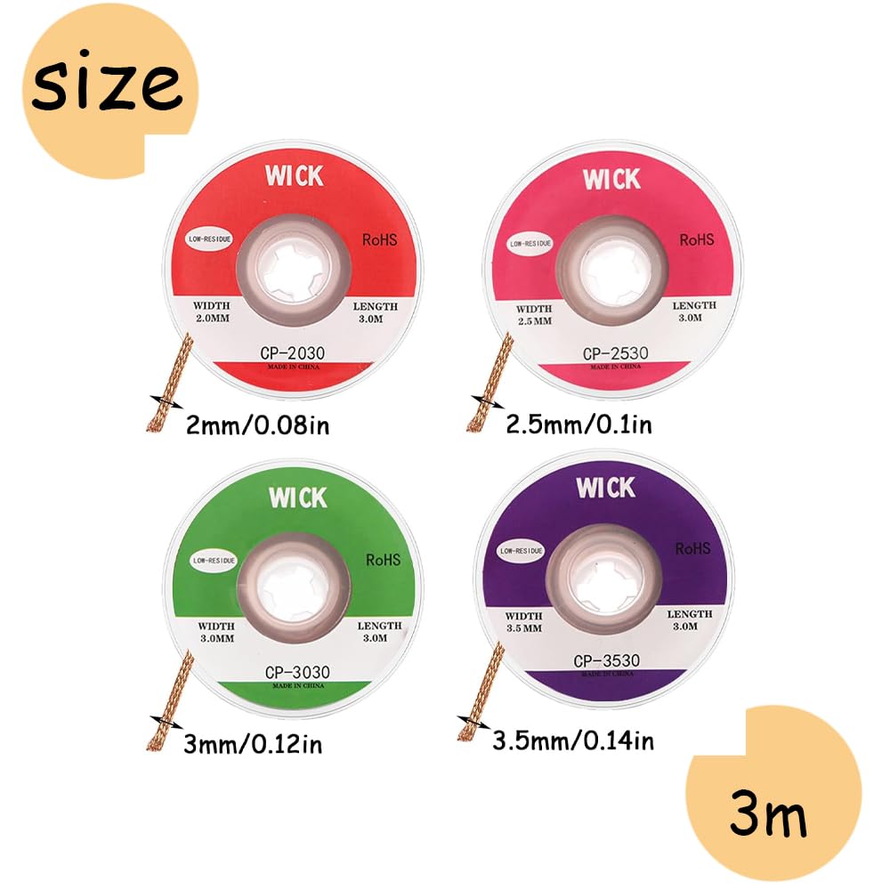 Treccia Dissaldante,Confezione da 4 Treccia di Dissaldatura di Alta Qualità Filo Dissaldante in Rame Puro Nelle Larghezze 2 mm/2,5 mm/3 mm/3,5 mm per Riparazioni Elettroniche e Dissaldatura di PCB