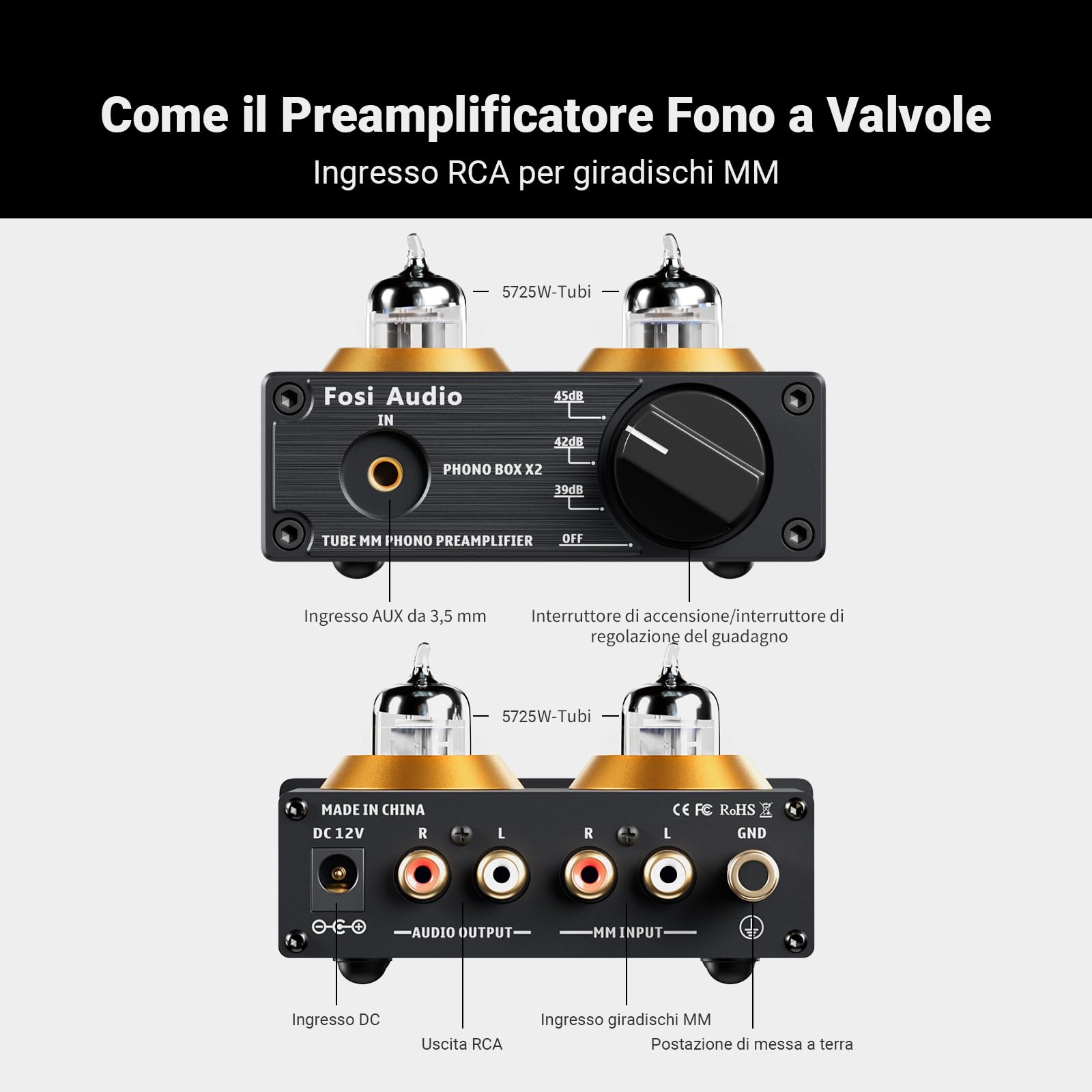 Fosi Audio BOX X2 Preamplificatore Phono MM, Guadagno Commutabile, Valvolare Tubo Sostituibile, Hifi RCA/AUX 3,5 mm