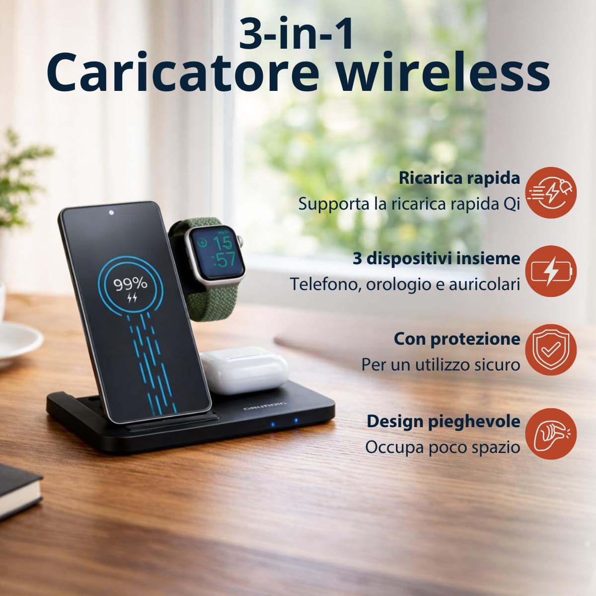 Grundig Caricabatterie wireless 3 in 1 - Stazione di ricarica rapida per smartphone, smartwatch, auricolari - Caricatore wireless per iPhone e Samsung - Wireless Charger - Design pieghevole