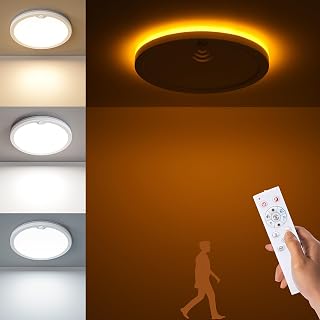 Motion Sensor Ceiling Light with Remote, Night Light 2000K, 8.7 Inch Wired Flush Mount 3000K/4000K/5000K Selectable, 1800LM Dimmable Motion Sensor Light Indoor for Closet Hallway Stairs White