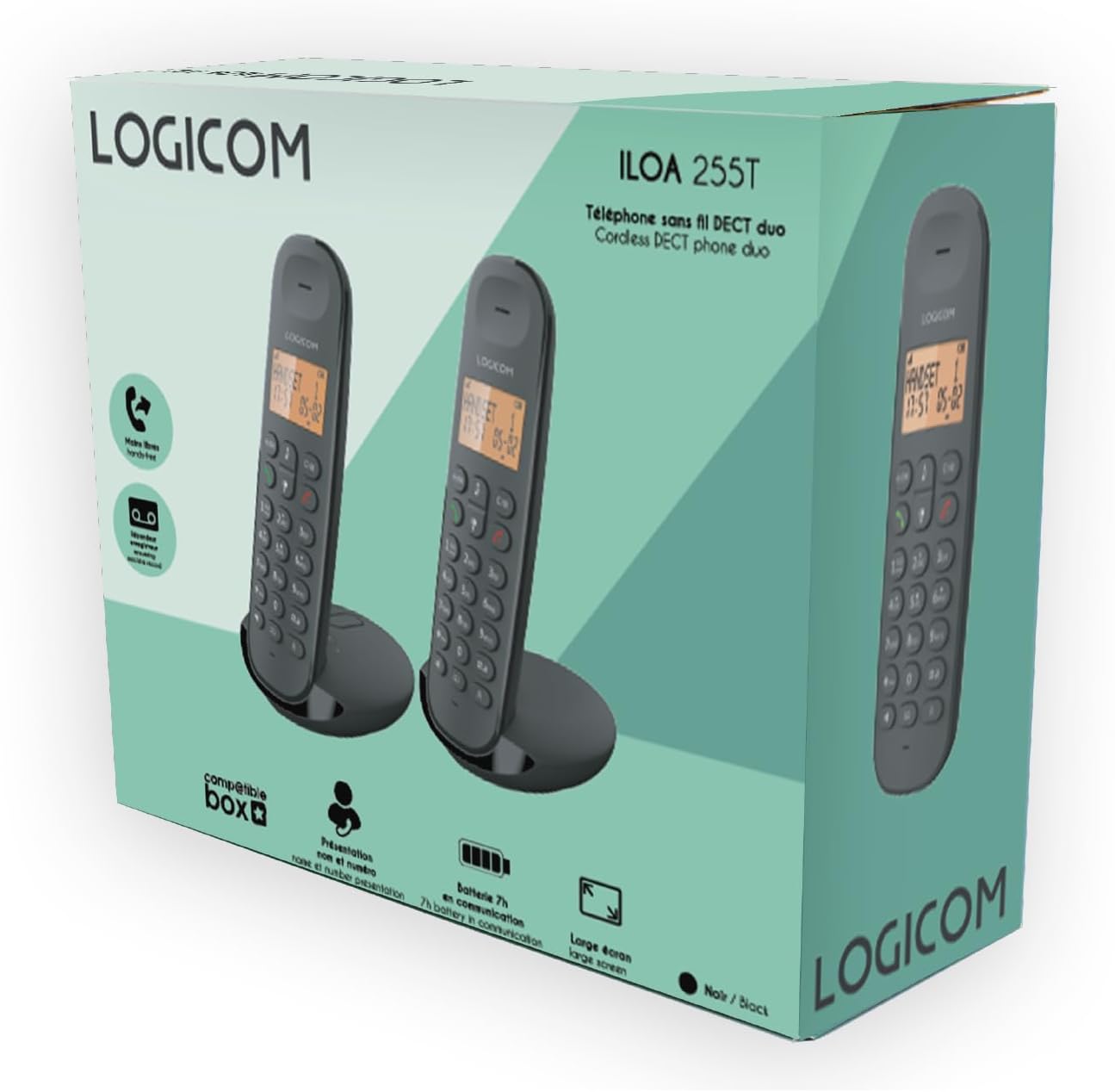 Packaging of the Logicom ILOA 255T cordless phone duo.