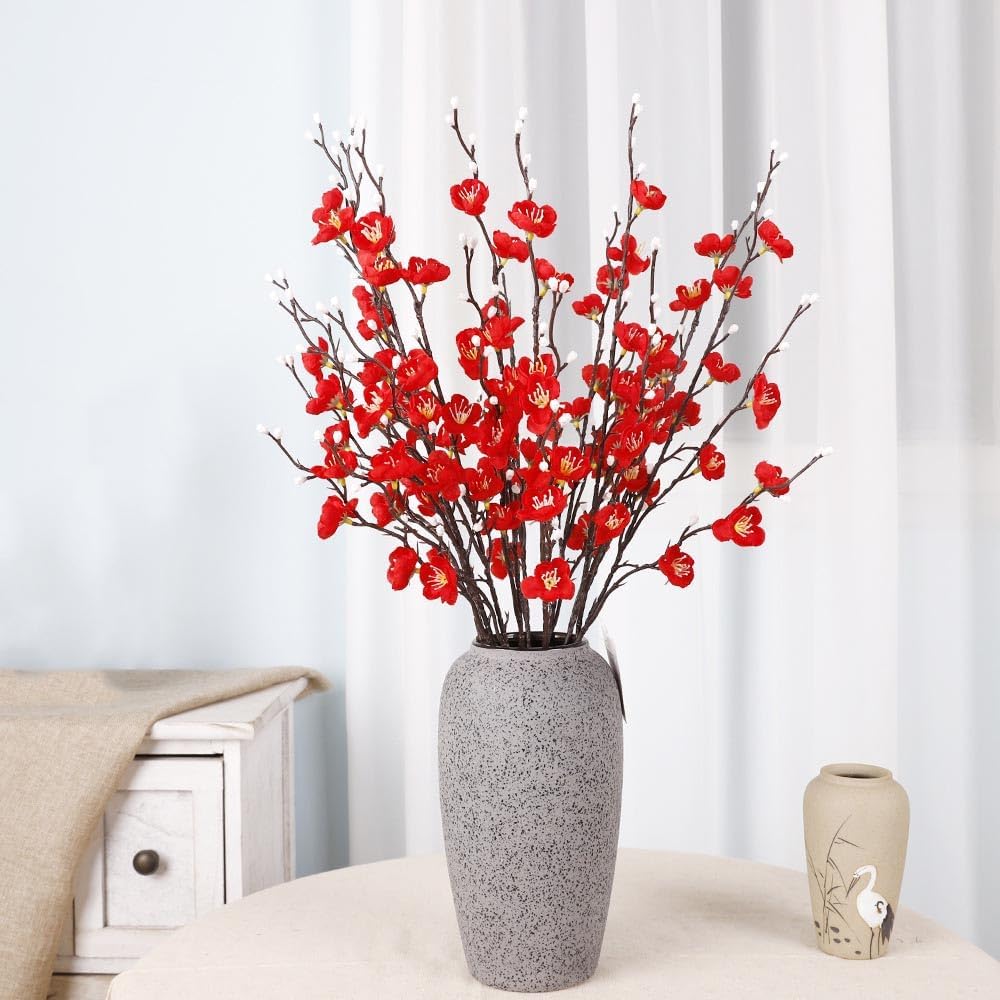 Red Artificial Flowers 6cs Set - Fake Plum Blossom that Looks Real, 55cm Long for Vase, Perfect for Home Office Decoration