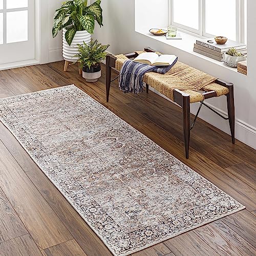 Kemer Collection Machine Washable Hallway Kitchen Runner Rug - Vintage Distressed Faded - Oriental Bohemian Persian Traditional Bordered Carpet - Pet Friendly - Brown, White, Black - 2'7" X 7'3" #TOP1