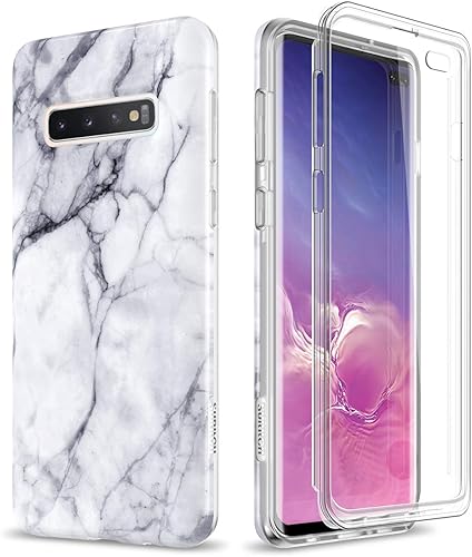 SURITCH Funda para Galaxy S10 Plus Protector de pantalla integrado Mármol púrpura de cuerpo completo a prueba de golpes Funda resistente para