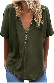 Blusa Camisetas Mujeres Moda Color Puro Cuello en V Botones Manga Corta Casual