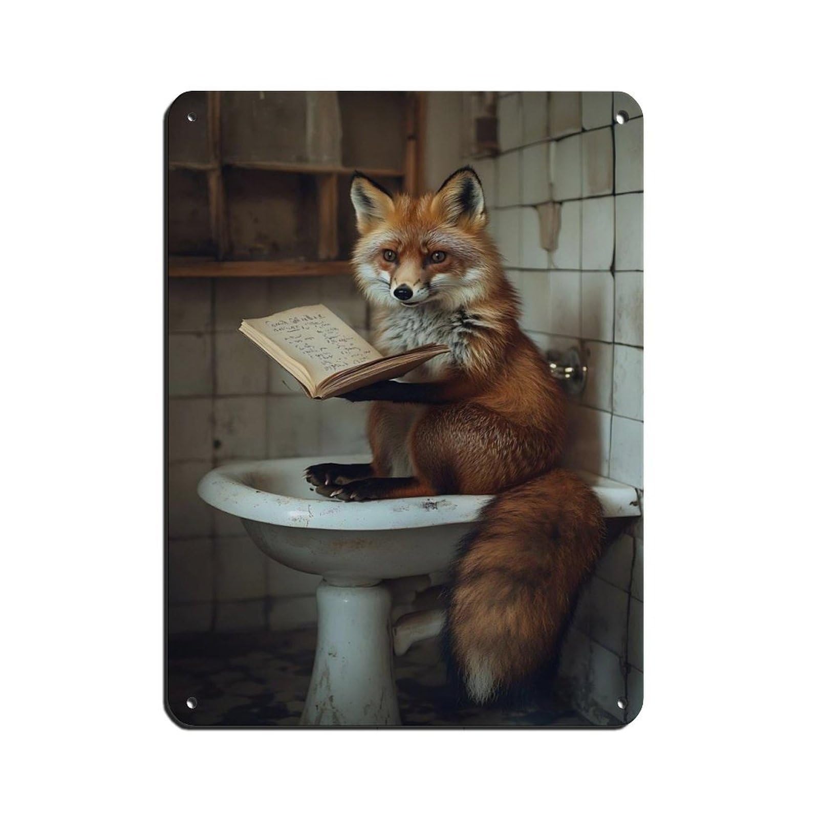 Whimsical Fox Reading in Bathtub Retro Poster Metal Tin Sign Chic Art Retro Iron Painting Bar People Cave Cafe Family Garage Poster Wall Decoration 12x16inch(30x40cm)