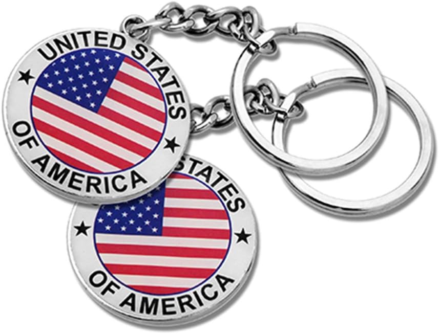 2x Round USA US American Flag & Patriotic Keychain Ring - Set of 2