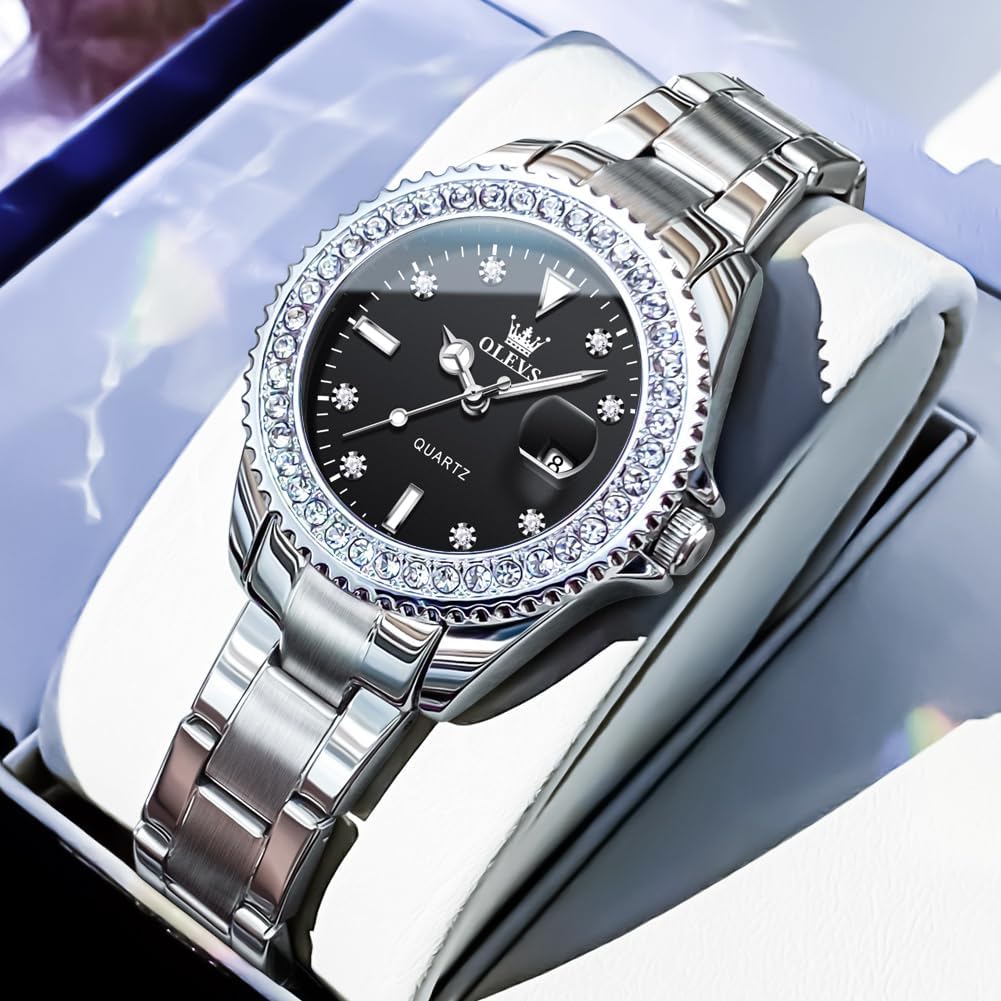OLEVS Orologio da polso da donna, elegante, con datario, numeri romani, in acciaio inox, con quadrante rosa/argento/blu, impermeabile e luminoso