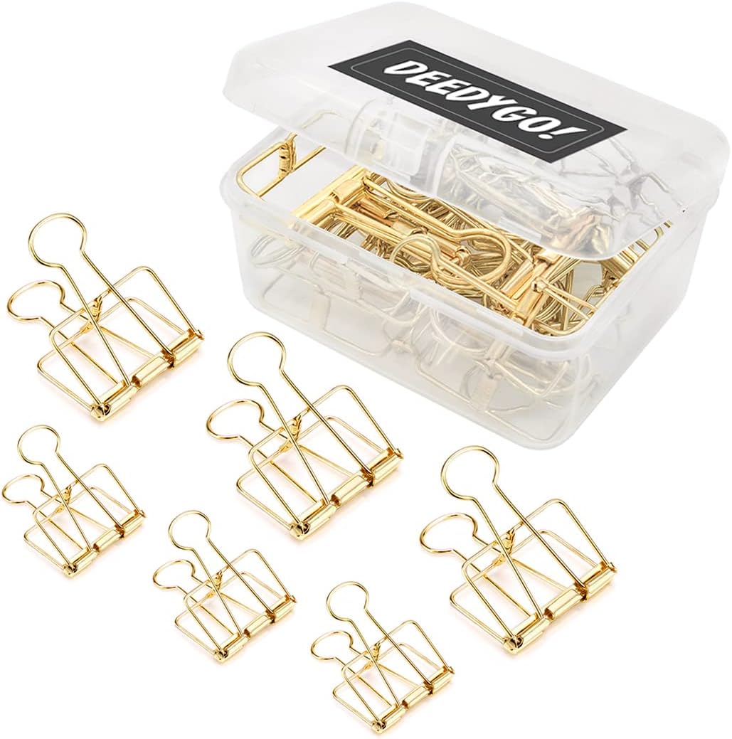DEEDYGO 20 Pieces Gold Wire Binder Clips (Assorted Sizes:10 M +10 S) | Stainless Steel Hollow Binder Clamps for Paperwork, Sewing, Crafts, Teacher, Office School Supplies, Food Packages