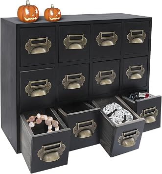 12 Drawers Vintage Apothecary Cabinet with Drawers Tabletop Apothecary Drawers Library Card Catalog Cabinet Medicine Cabinets Wood Desk Organizer WoodenStorage Box Black