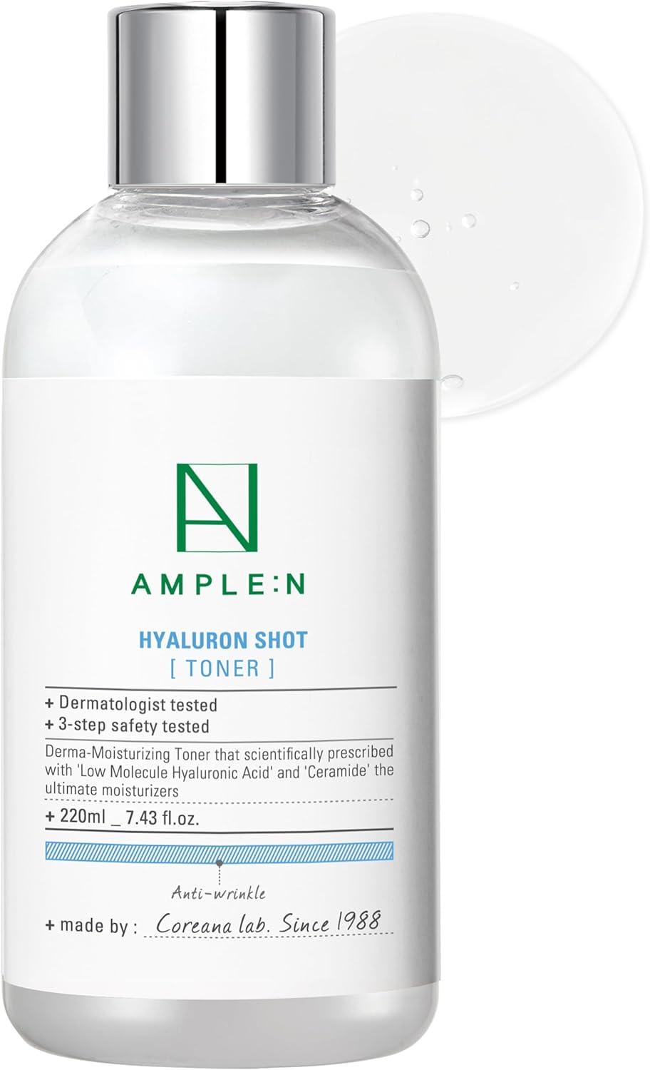 Ample:N Hyaluron Shot Toner – Korean Hyaluronic Acid and Ceramide Hydrating Face Toner - Moisturizing Essence for Minimizing Wrinkles – Dewy Healthy Glow Skin Booster for Dry Skin, 20.3 fl.oz.