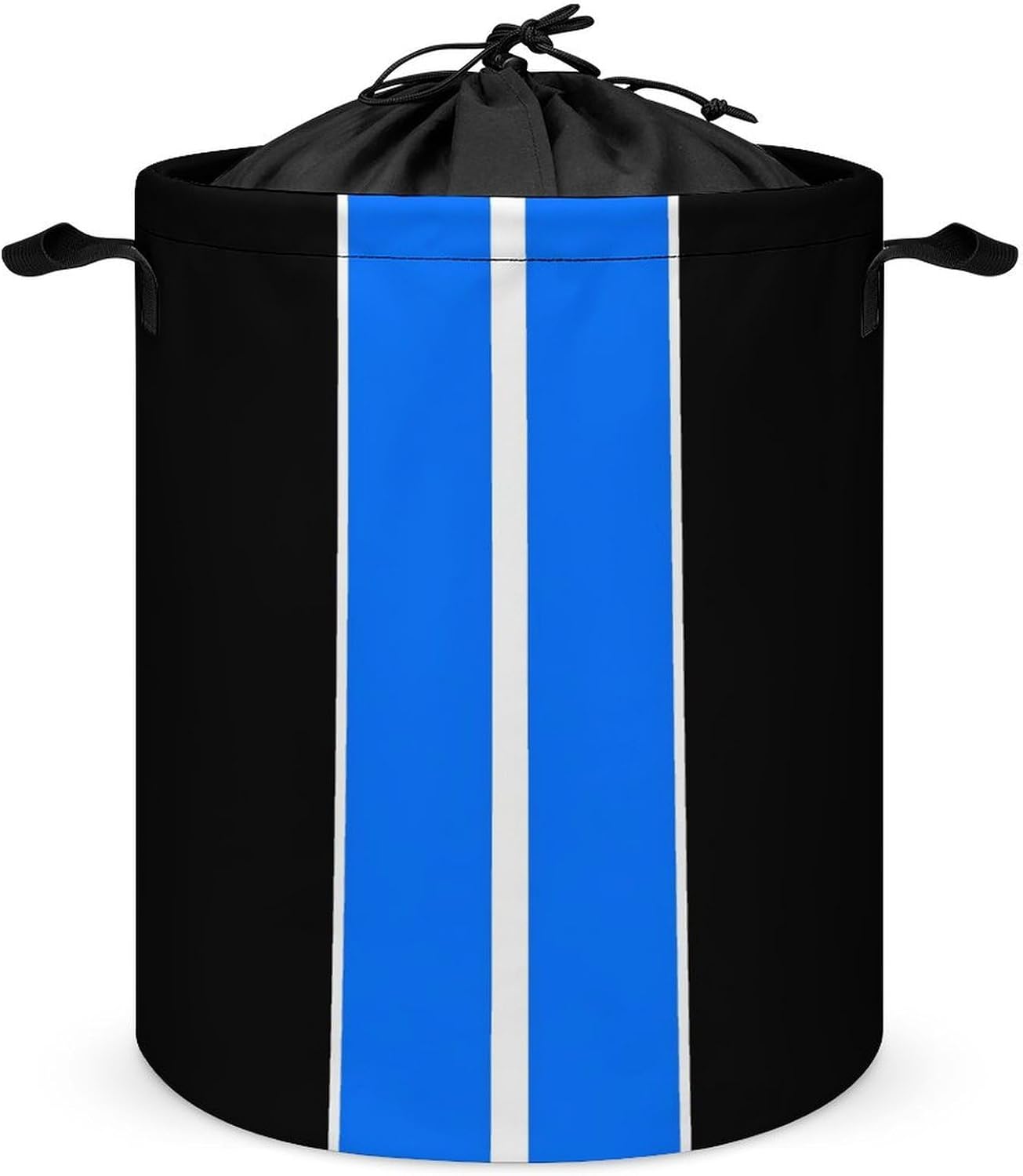 Large Laundry Basket, Blue Black White Stripes Collapsible Laundry Hamper with Drawstring Dirty Clothes Washing Bin for College Dorm Storage Essentials