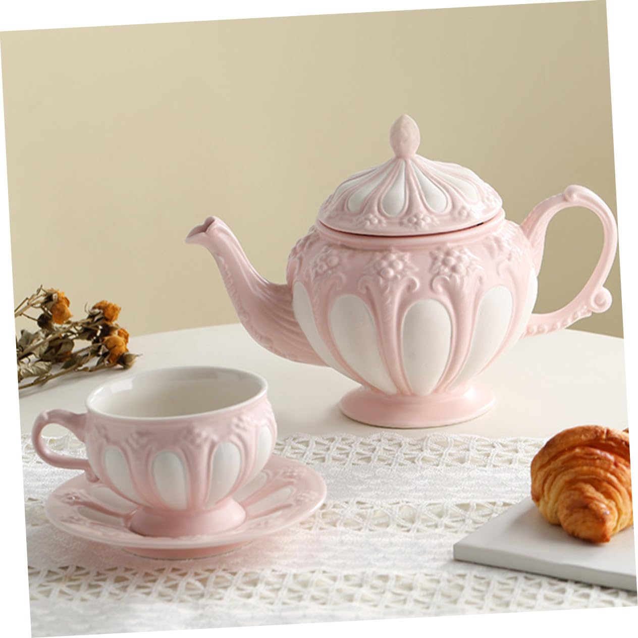 Europäisches Keramik Kaffeebecher mit Relief, 2 Stück Rosa | Ergonomischer Griff, 1, für Tee und Wein, Passend für Café und Dessertshop
