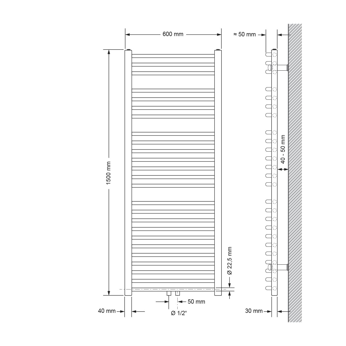 ECD Germany Badheizkörper 600 x 1500 mm - Weiß - gebogen mit Mittelanschluss - Design Heizkörper Handtuchwärmer Handtuchtrockner Handtuchheizkörper Handtuchheizung Handtuchheizer Badezimmer Heizung