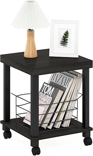 Furinno Turn-N-Tube Mesa auxiliar, mesa auxiliar de mesa de 2 niveles gruesos con ruedas, mesa de noche de montaje sin herramientas, mesa de noche