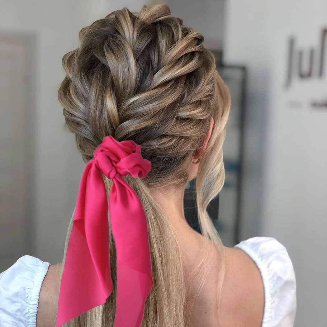 Hair Scarf Scrunchies for Women Satin Hair Ties Long Ribbon Ponytail Holders Bow Elastic Ties Beach Party Accessories for Women and Girls 8 Pcs (8 Color) - Image 5