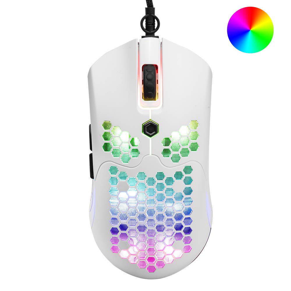 HoopondRGB Wired Lightweight Gaming Mouse, 65G with Honeycomb Shell Ultralight Ultraweave Cable, 26 RGB Backlit, 12000DPI Programmable Drive 7 Buttons Optical Mice