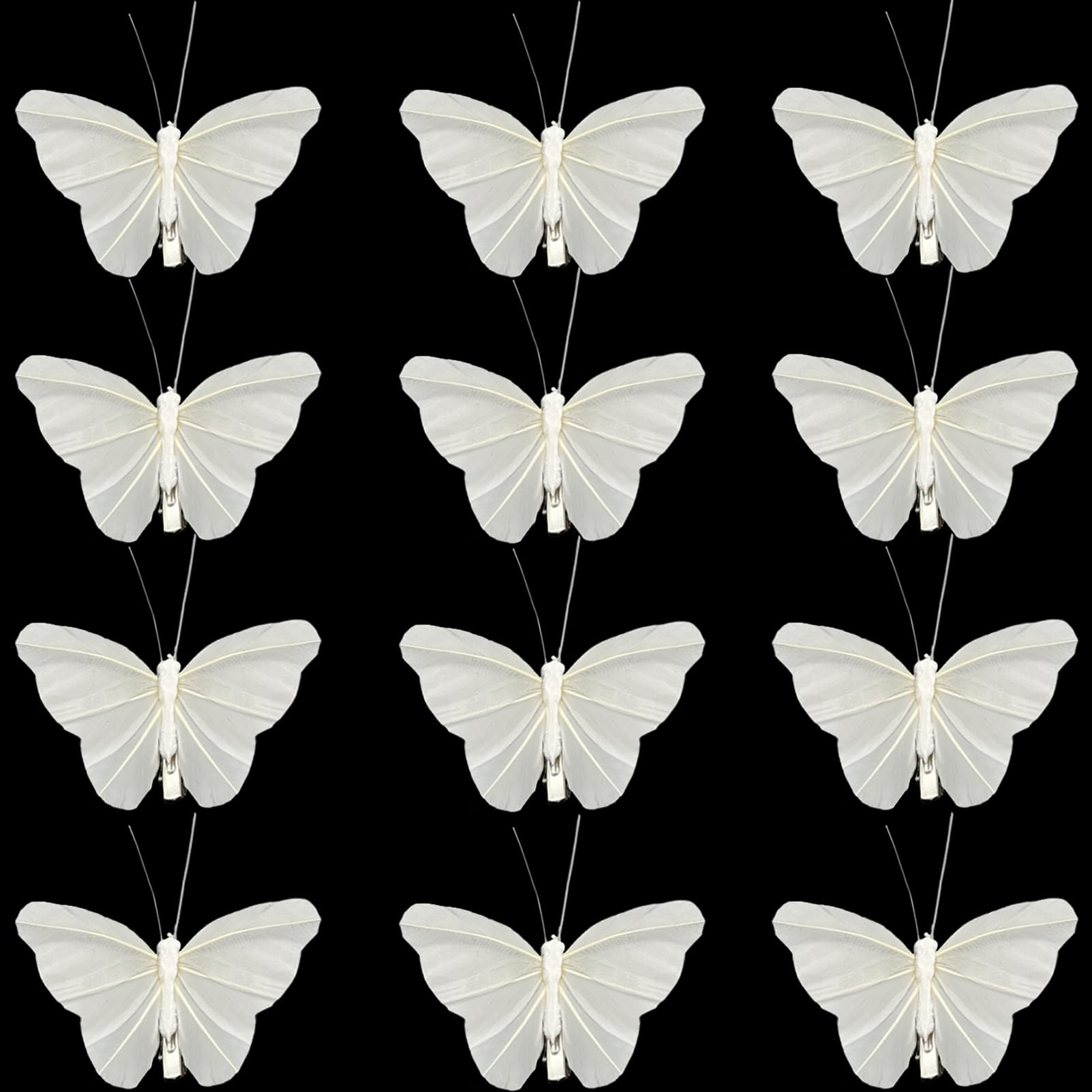 12PCS Artificial White Feather 3D Butterfly On Clip 4.9-Inch Realistic Butterflies for Spring Wreaths Crafts Christmas Tree Decorations Wedding