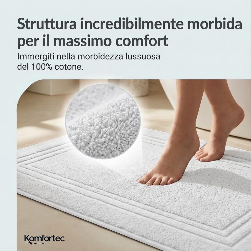 Komfortec - Set di 2 Tappetini da Bagno, Tappetini in Spugna per Doccia, Lavabili, Assorbenti e a Rapida Asciugatura – 600 g/m², 100% Cotone, 50x70 cm, Bianco - 2
