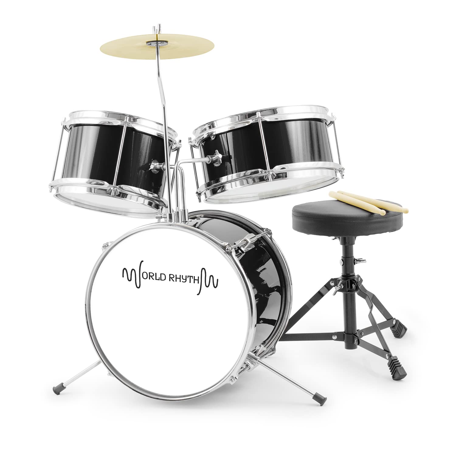 batteria per bambini 3 pezzi nera | Set batteria junior con trono e bacchette inclusi, ideale per bambini e primi approcci alla musica e al ritmo