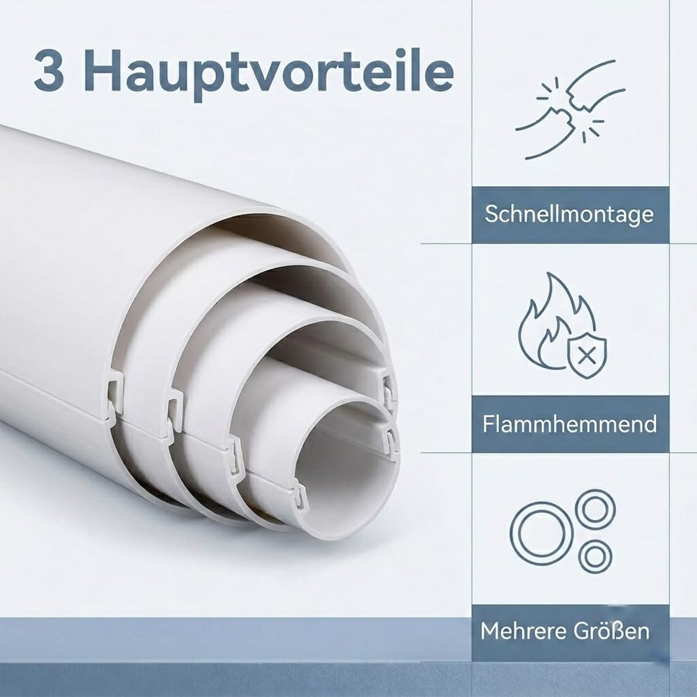 Canaleta para cables circular de PVC blanco (2 unidades, 2 x 1 m), diseño de dos piezas con cierre a presión, montaje sin herramientas, ignífugo, revestimiento de cables y cubierta de tubo para hogar