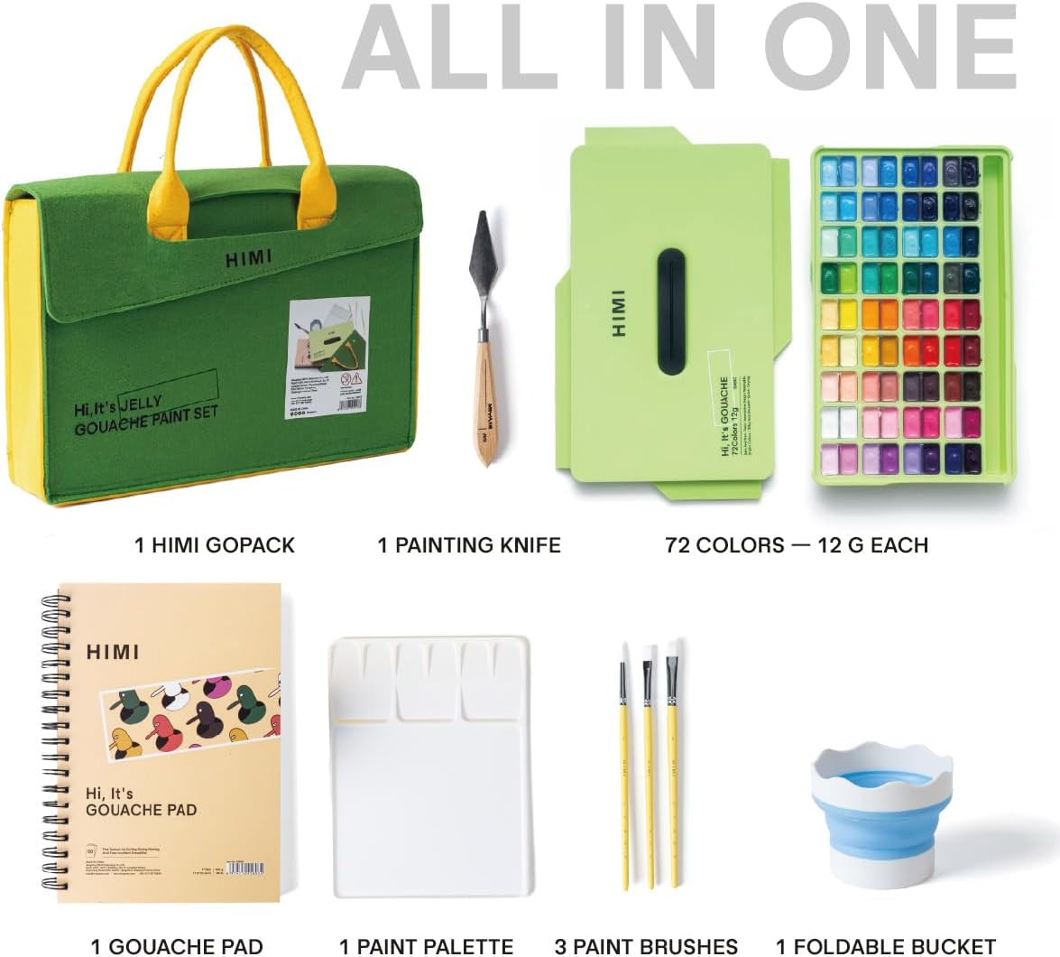 HIMI GoPack Gouache Paint Set – 72 Vibrant Colors with Palette, 3 Brushes, Foldable Bucket, Gouache Pad, Painting Knife & Felt Bag.Gift for Adults, Beginners & Professional Artists（GoPack Set）