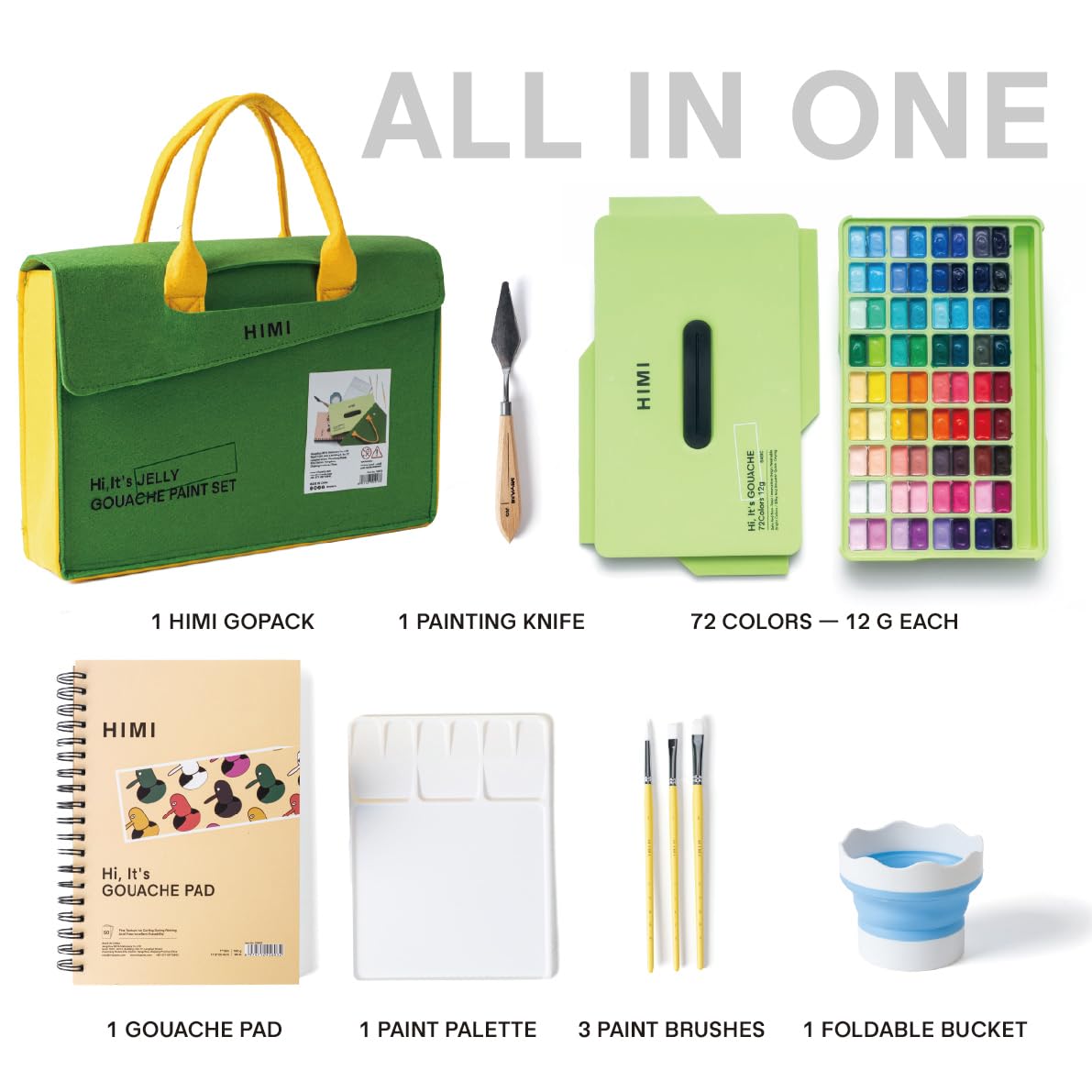 HIMI Kit de peinture gouache – 72 couleurs vives avec palette, 3 pinceaux, seau pliable, tampon à gouache, couteau à peinture et sac en feutre. Cadeau pour adultes, débutants et artistes