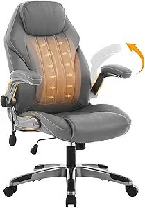 Office Desk Chair, Ergonomic Computer Chair with Padded Flip-Up Arms and Adjustable Lumbar Support, PU Leather Executive Chair with Tilt Lock and 360° Swivel Rolling Wheels for Work, Study