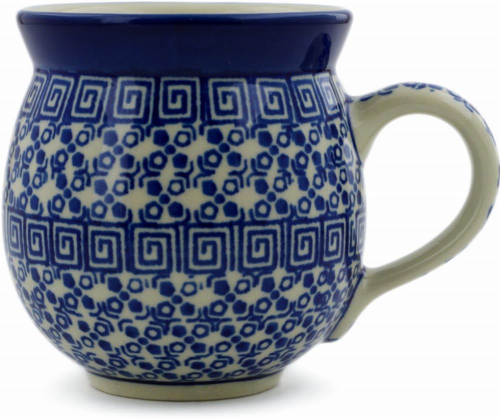 Polmedia Polish Pottery Bubble Mug 12 oz - Blue Poppies Pattern Handmade in Boleslawiec Poland by Ceramika Artystyczna + Certificate of Authenticity