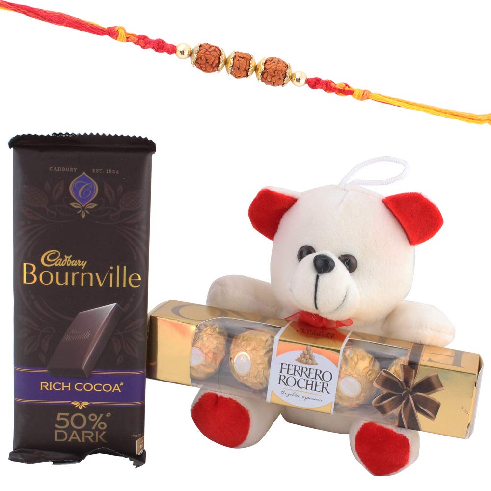 SFU E ComCocoa Chocolate with Teddy Bear Gift Pack|Premium Rudraksh Rakhi Chocolate for Bother | Roli, Chawal, Chandan, Misri | 67