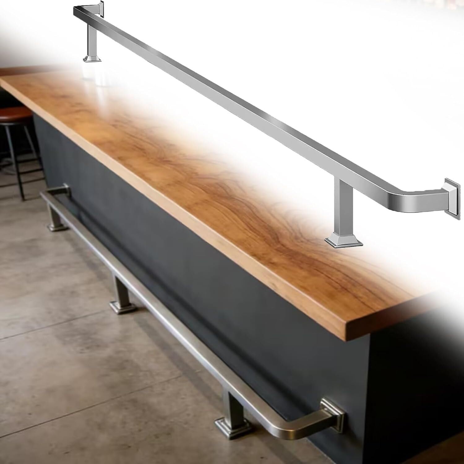 Îlot de cuisine argenté de 180cm avec tubes carrés robustes et repose-pieds