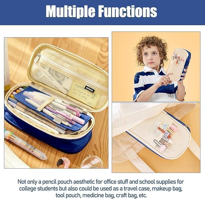Image of WORSHIPER Big Capacity Pencil Pen Case Bag with Zipper Office College School Storage Large Capacity Bag Pouch Holder Box Organizer Colorful (Special - Creem+Blue Color)