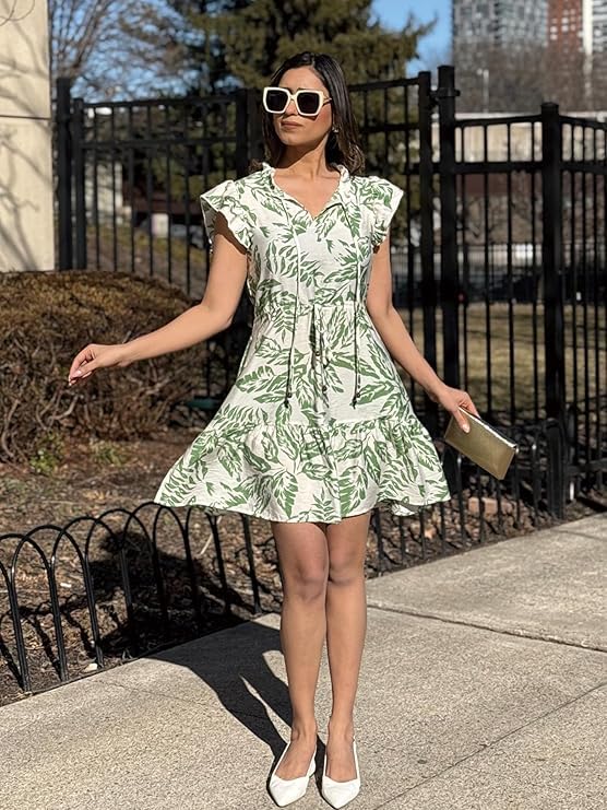 Image of Simplee Womens Summer Dress 2026 Ruffle Short Sleeve Floral Boho Dress V Neck A-line Drawstring Mini Dress with Pockets
