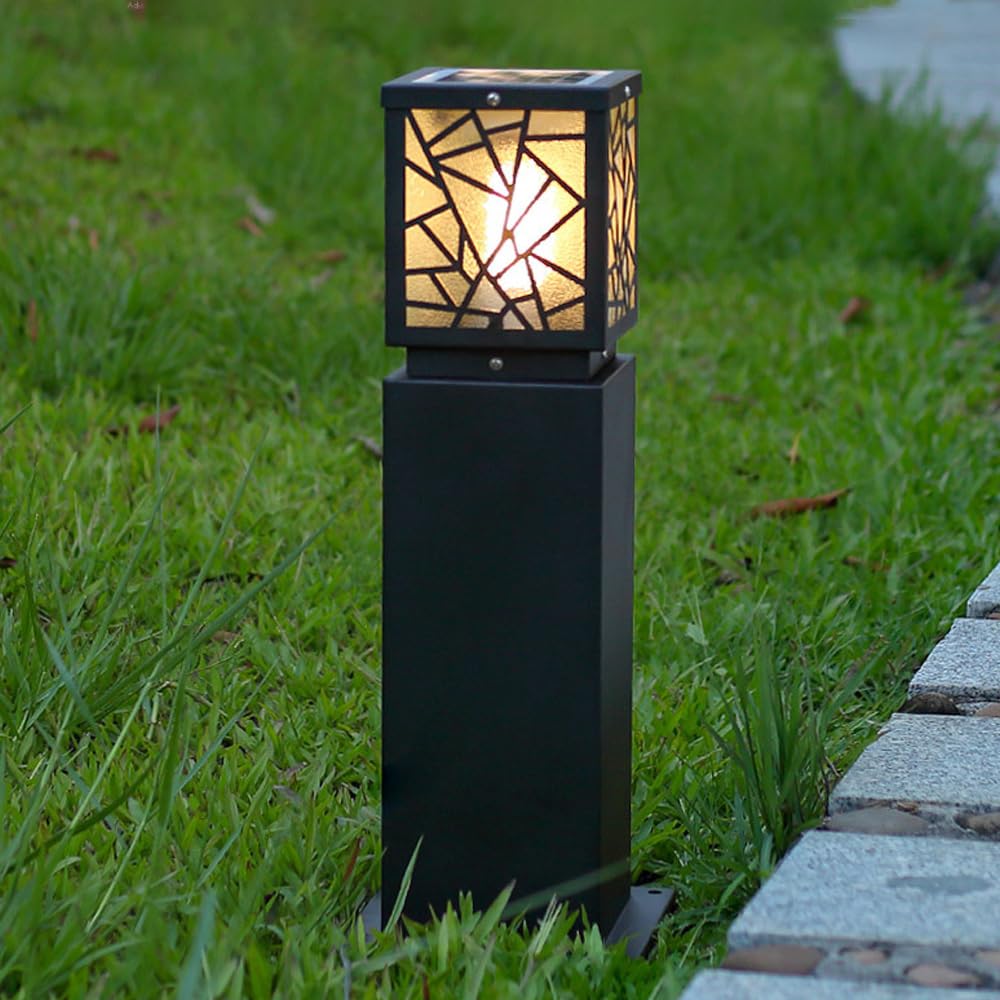 HELCEKOU Modern Solar Lanscape Lighting Glass Shade Waterproof Bollard Lantern Black Square Outdoor Pathway Lights Auto On/Off for Garden Lawn Courtyard Walkway