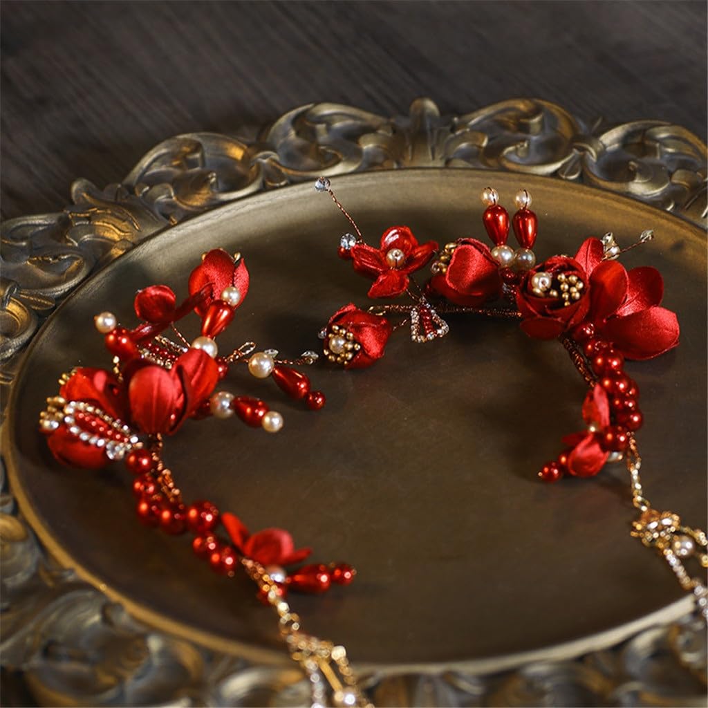 Bridal Headdress Red Pair Of Hairpins Hair Accessories Side Wedding Toast Attire Dress Cheongsam