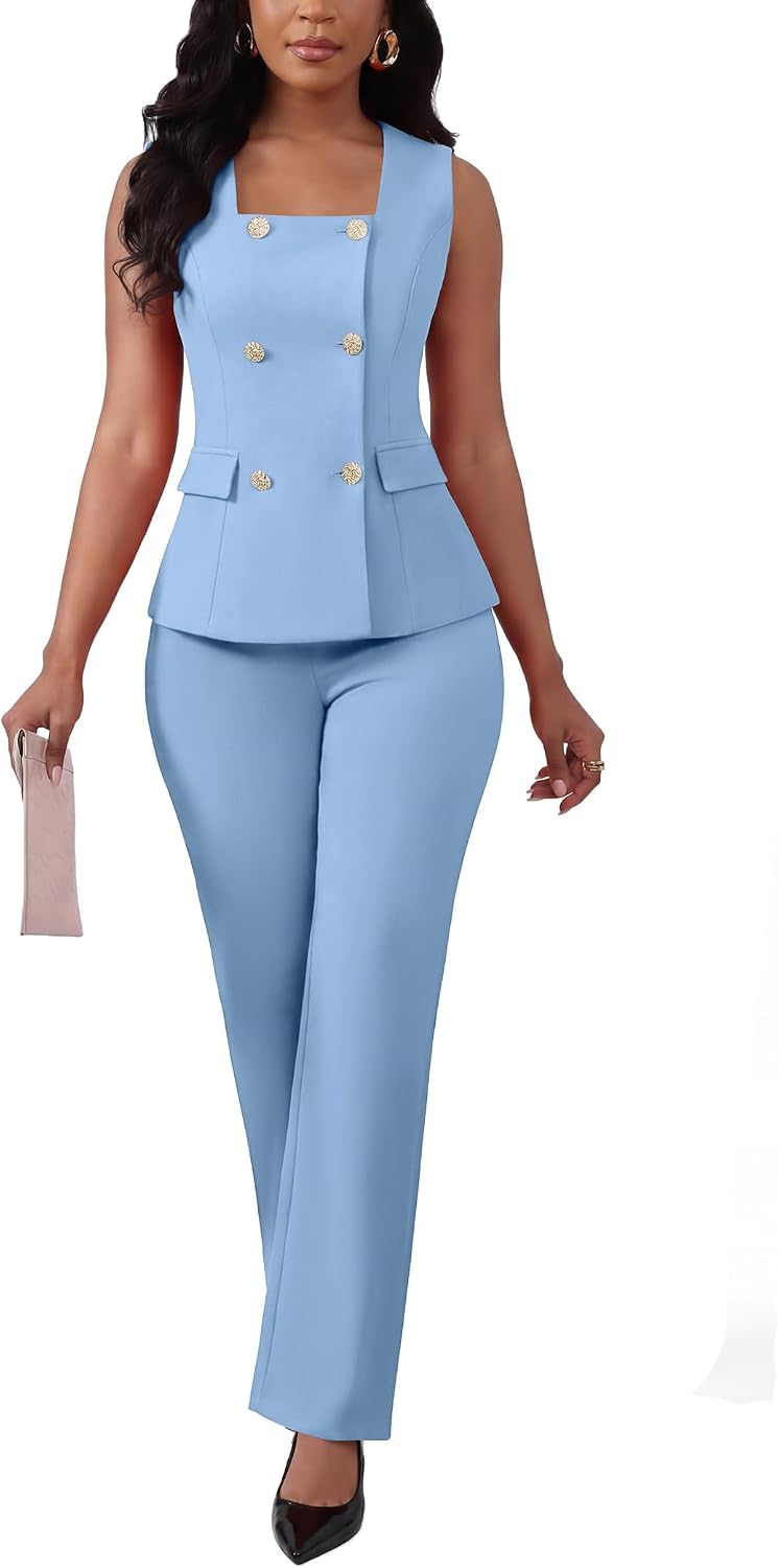 Ophestin Women's 2 Piece Blazer Outfits Square Neck Sleeveless Vest High Waist Pants Suit Set for Business Office Work Church