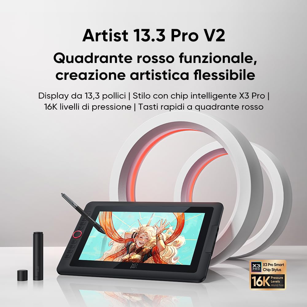 XPPen Artist 13.3 Pro V2 Tavoletta Grafica con Schermo da 13,3 pollici, Penna 16384 livelli, 8 tasti rapidi, Supporto incluso, Compatibile con Windows Mac Android