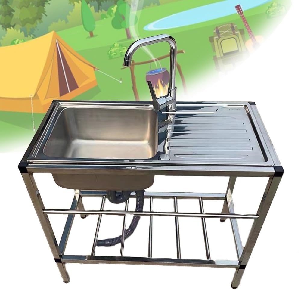 HYSOPSPX Outdoor Sink with Workbench, Stainless Steel Utility Kitchen Sink, Single Bowl for Garage and Laundry, Commercial Hand Washing