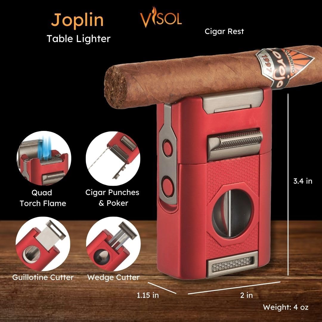 Personalized Visol Joplin Quad Torch Multi-Tool Table Lighter, Built in Guillotine and Wedge Cutters, Butane Refillable Adjustable Flame Lighter (Shipped Without Butane) with Free Engraving (Red)