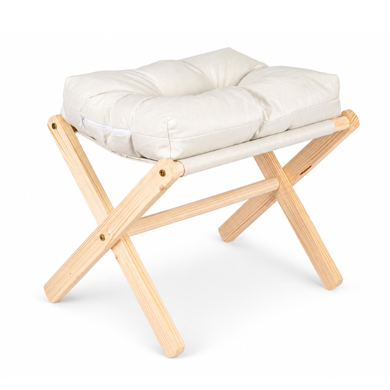 Bamboo Folding Foot Stool with Removable Cushion, Padded Foot Rest Seat, Wooden Shoe Changing Stool for Living Room, Bedroom, Office and Workstation, Polished Surface Design