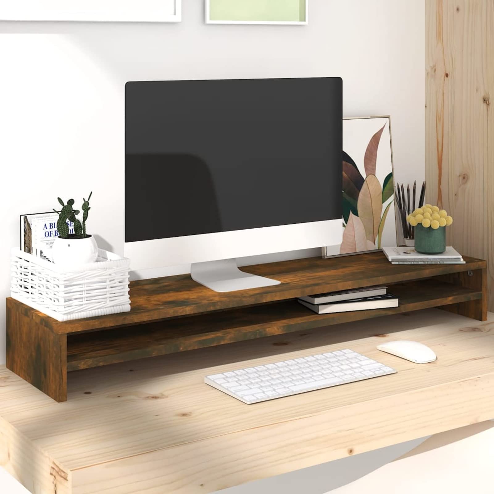 Homgoday Supporto per monitor in legno di rovere fumé, 100 x 24 x 13 cm, supporto da scrivania per monitor e computer portatili