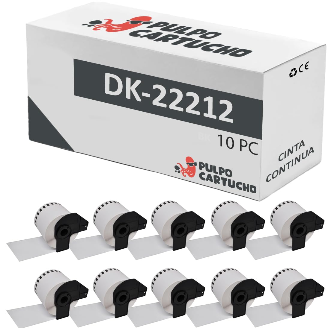 Pulpo Cartucho - Pack 10 Rollos Cinta Continua DK22212 Compatible con Brother DK-22212 - Cinta Continua para Etiquetas personalizadas 62 mm - Para Impresoras P-Touch QL