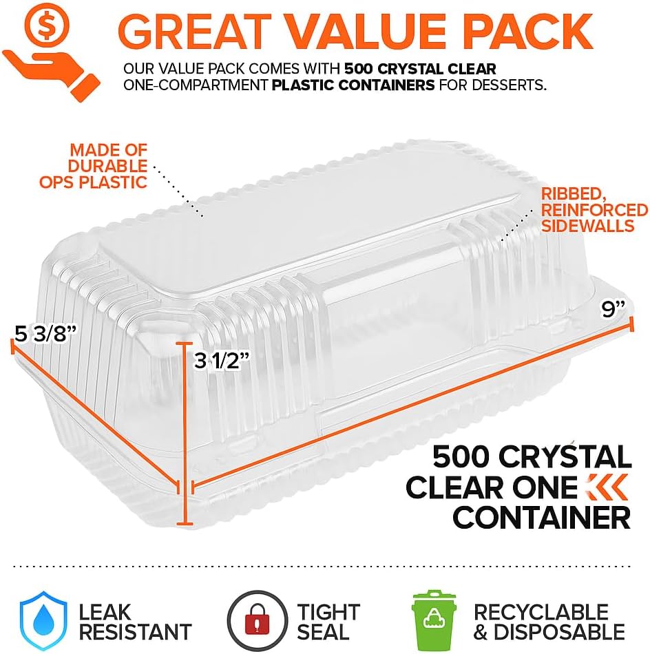 Stock Your Home Plastic 9 x 5 Inch Clamshell Takeout Trays (500 Count) – Hinged Disposable Food Containers for Cake Slices, Sandwiches, and Desserts