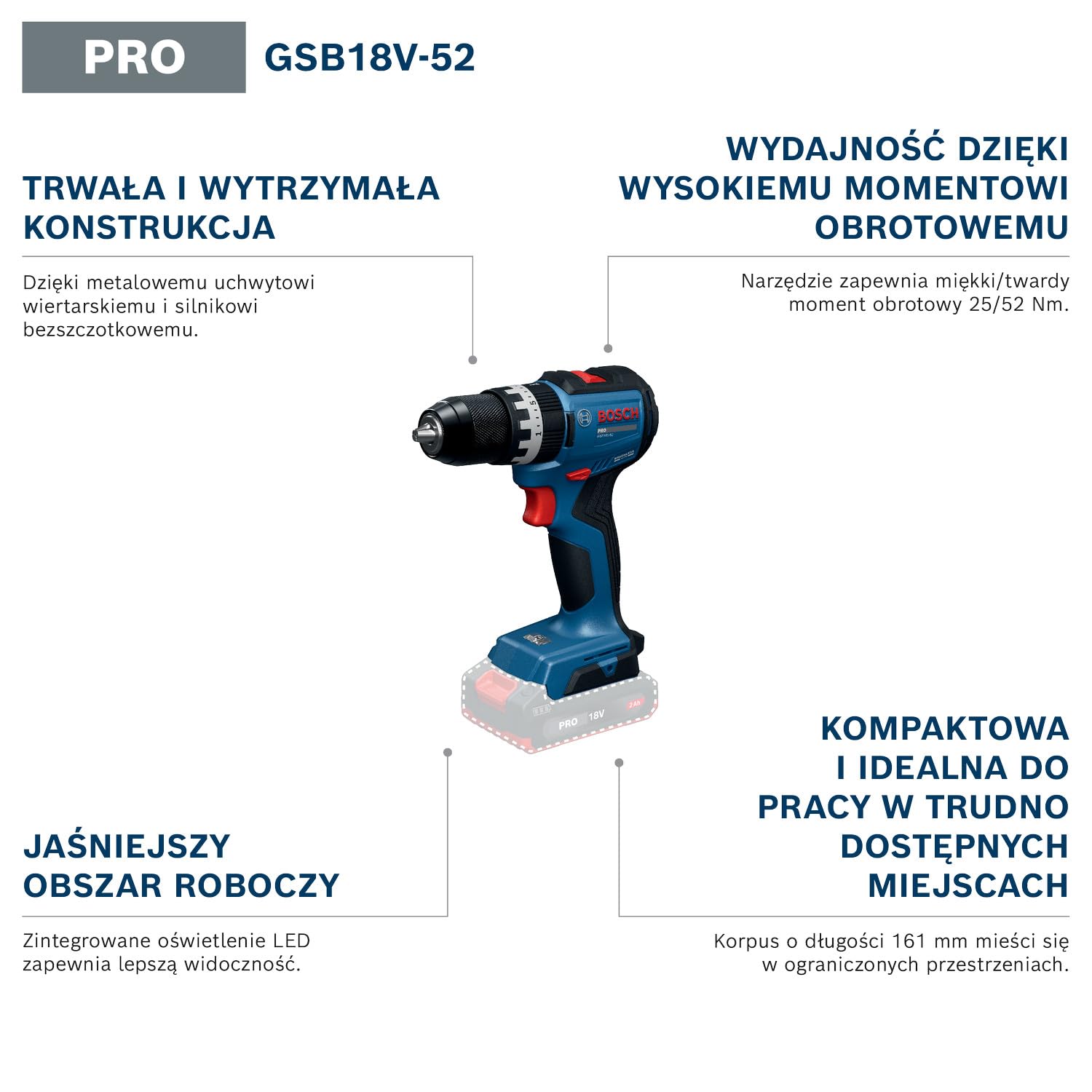 BOSCH PRO GSB18V-52 System Akumulatorowa Wiertarko-Wkrętarka Udarowa (Akumulatory: GBA 18V 2.0Ah, GBA 18V 4.0Ah, Ładowarka GAL 18V-40, Walizka L-BOXX)