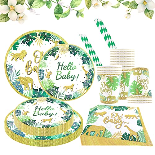 Guiffly 120 Stück Babyparty Deko Neutral Babypartygeschirr Set, Baby Shower Deko Babyparty Geschirr mit Papier Teller Tasse Servietten Stroh, Babyshowerparty deko Junge mädchen für 24 Personen(Grün) Cover
