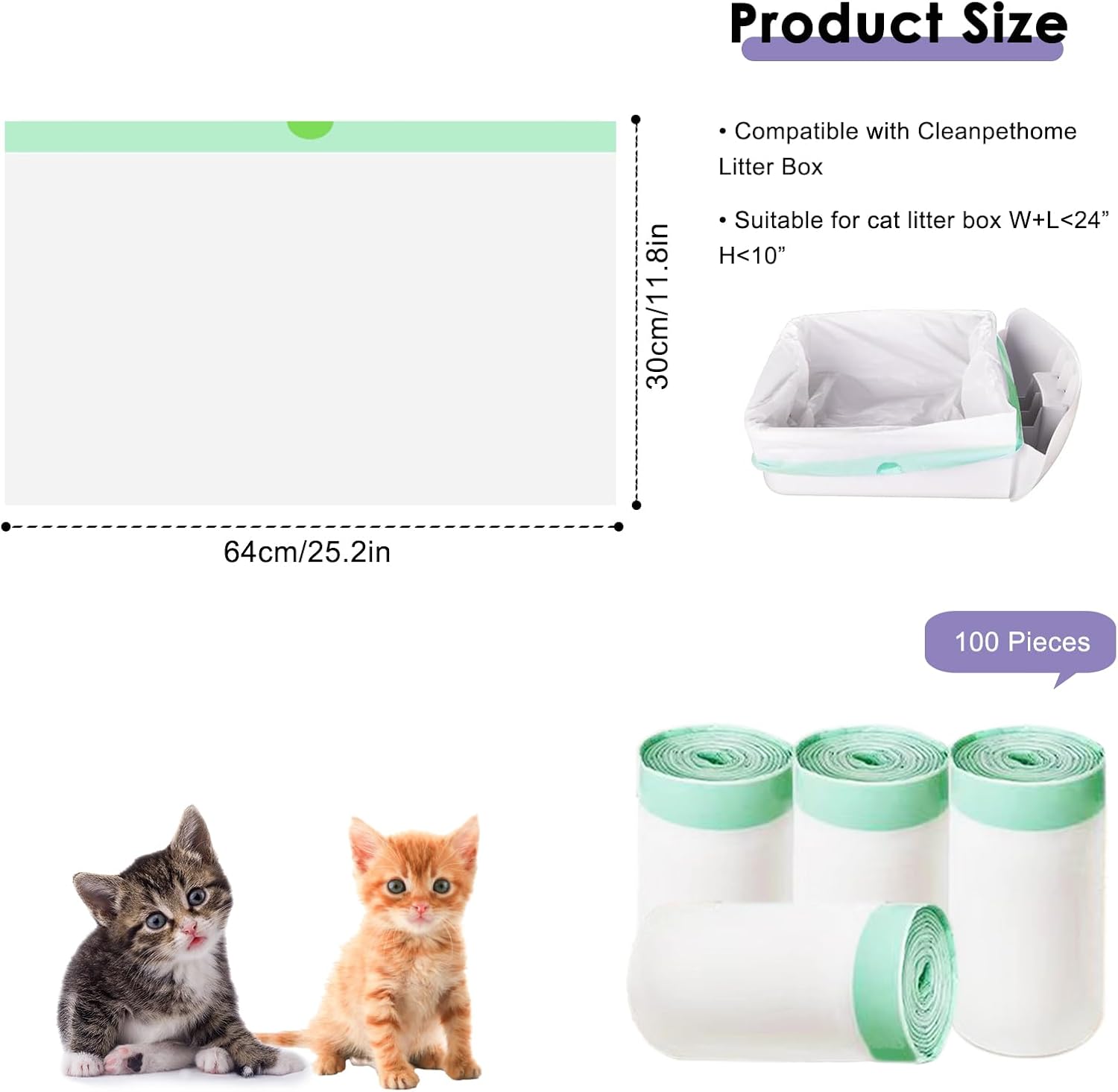 100 Count Self Cleaning Cat Litter Box Liner Bags Compatible with Automatic Cat Litter Box, Thick Heavy Duty Drawstring Replacement Waste Drawer Liners-25.2" x 11.8"