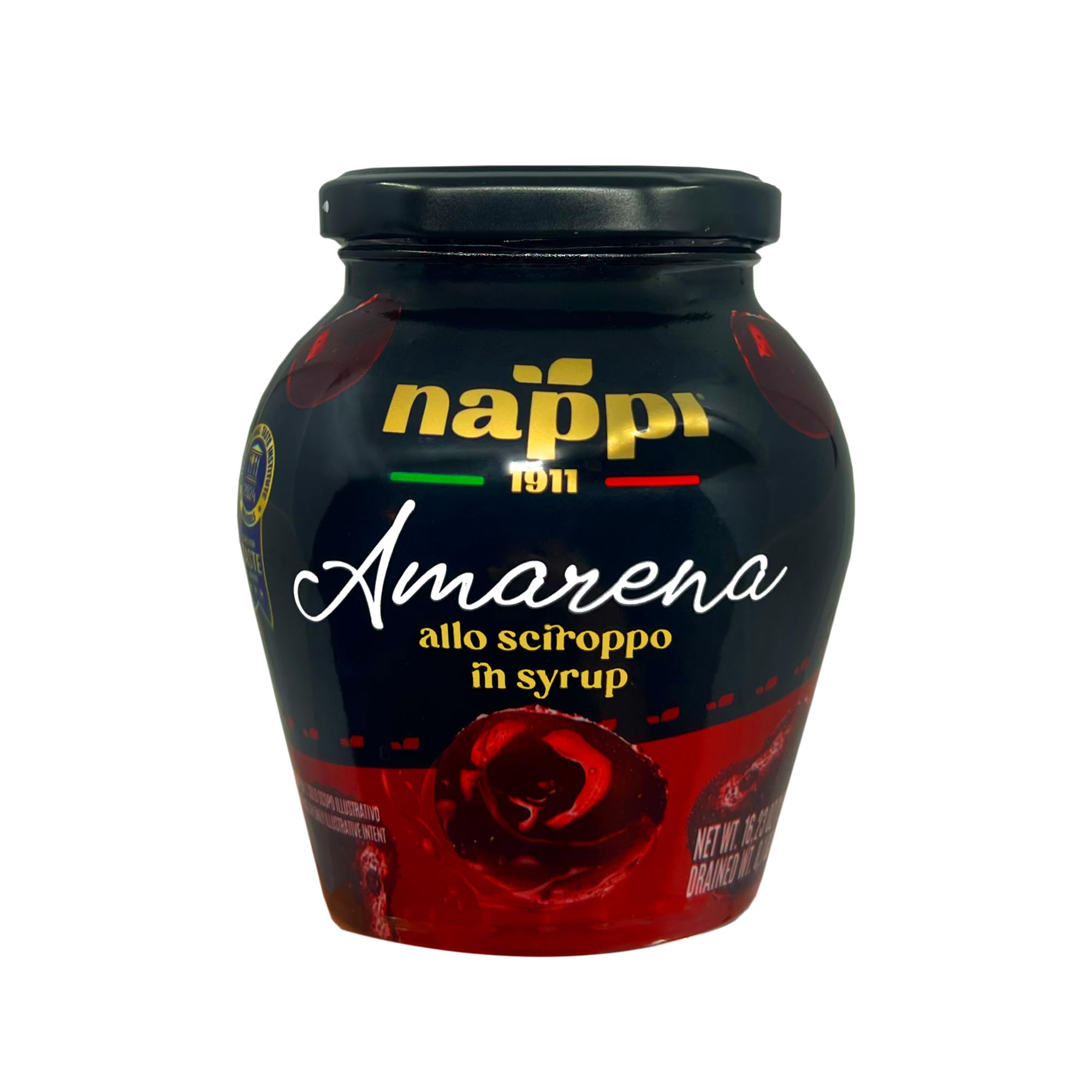 nappi 1911Amarena Cherries in Syrup, 16.23 oz (460 g), Pitted Cocktail Cherries, Black Italian Cherry for Premium Cocktails and Desserts, Superior Taste Award Winning 2022, Amarena Golden,
