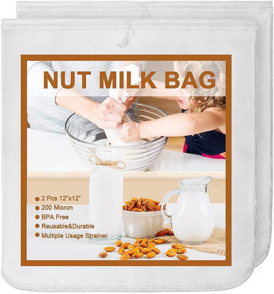 MARZAHAR 2 Pcs 12X12 Inches Nut Milk Bag, 200 Micron Nylon Nut Milk Bags for Straining Reusable, Food Fruit Celery Juice Yogurt Strainer Bag